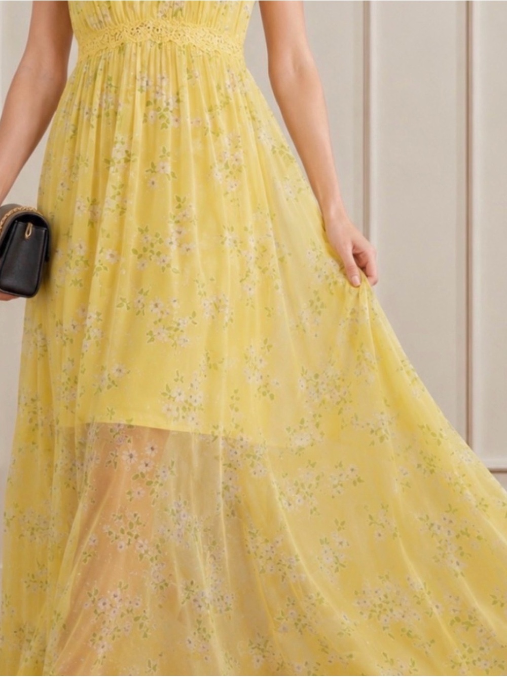 BCBG Mariposa Yellow Floral Lace Cut-Out Chiffon Maxi Dress 12 - Picture 9 of 13
